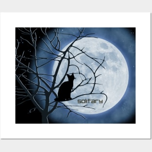 Solitary Black Cat Stares At A Full Moon Posters and Art